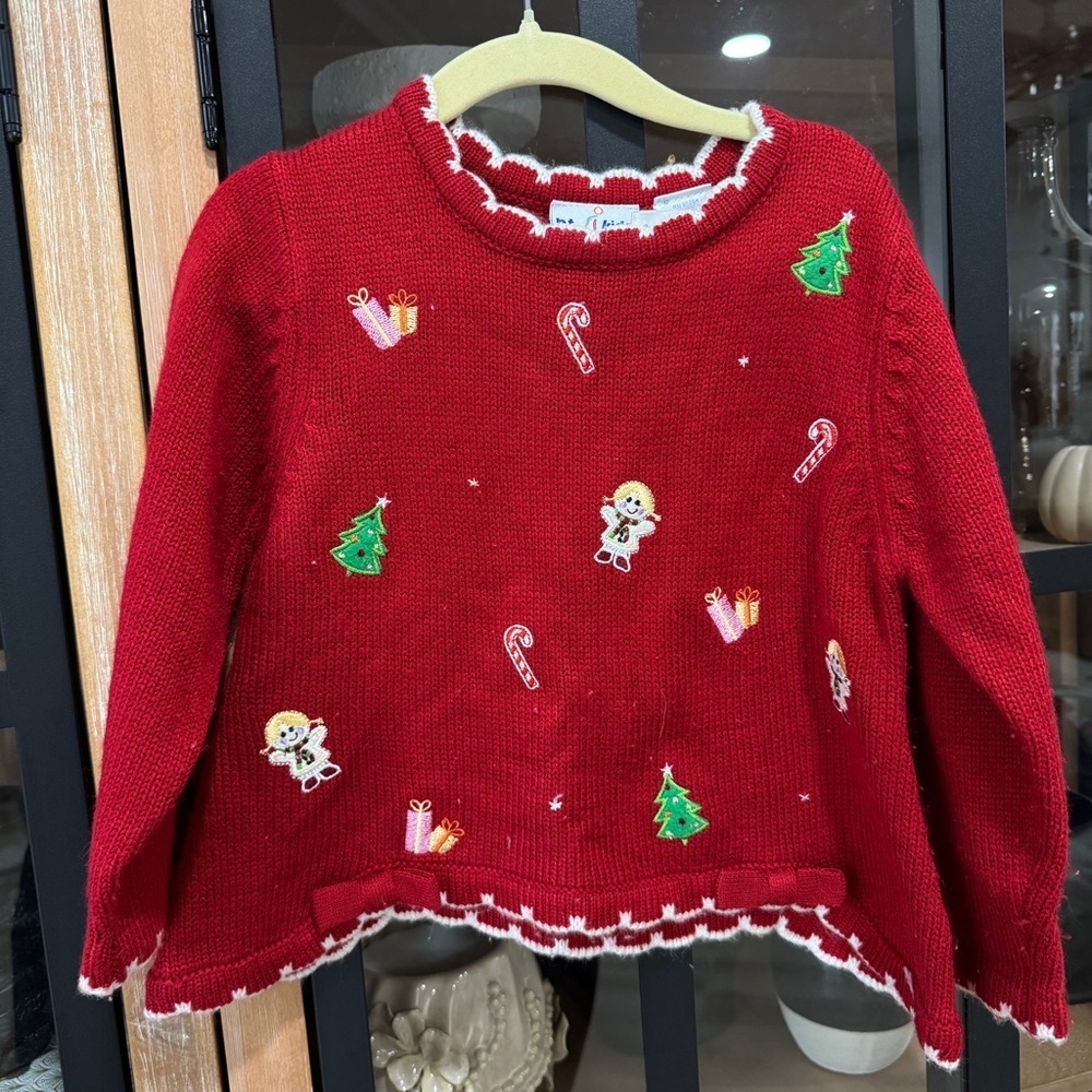 Vintage Christmas knit sweater embroidered toddler girl holidays bows candy cane - Picture 8 of 8